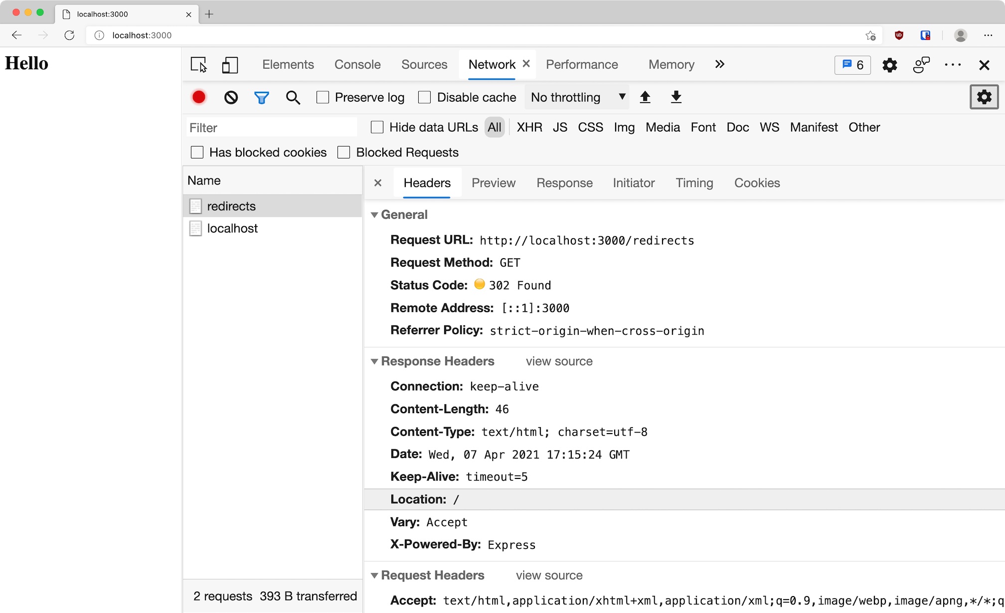 the network tab of a browser showing the redirect in action